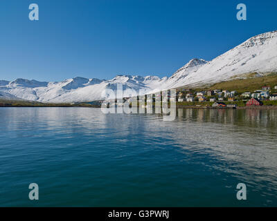 Sigulfjordur, un piccolo villaggio nel nord dell'Islanda Foto Stock