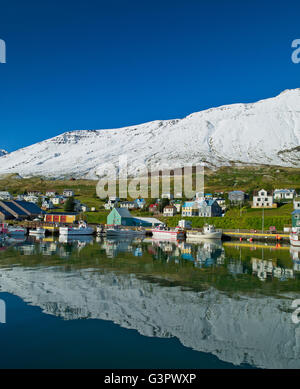 Sigulfjordur, un piccolo villaggio nel nord dell'Islanda Foto Stock