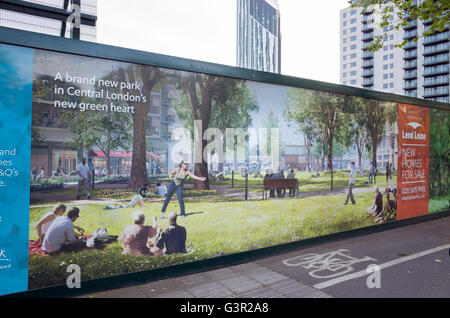 CGI di un alloggiamento nuovo sviluppo su schede pannello circostante il sito di costruzione a Elephant e Castle, London, Regno Unito Foto Stock