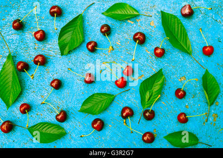 Ciliegia, ciliegie con foglie di ciliegio a trama su fondo azzurro, vista dall'alto Foto Stock