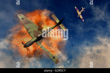 Un RAF Supermarine Spitfire che attacca un tedesco Ju87 Stuka Dive bombardiere. Foto Stock