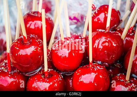 Dolce rosso smaltato toffee candy mele su bastoni per la vendita sul mercato contadino o country fair. Foto Stock