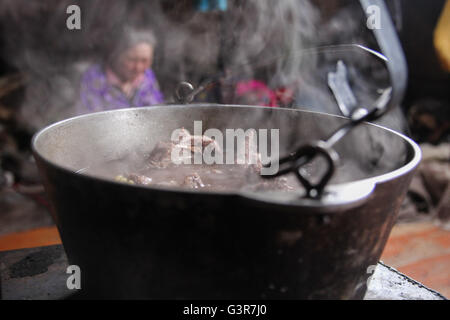 Cottura zuppa di carne di cervo, all'interno della chum-abitazioni tradizionali dei Nenets gli allevatori di renne. Foto Stock