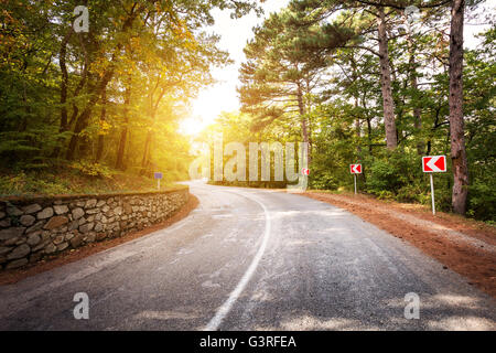 Bellissimo paesaggio con strada asfaltata,verde foresta e cartello stradale a sunrise colorati in estate. Montagne di Crimea.Travel backgro Foto Stock