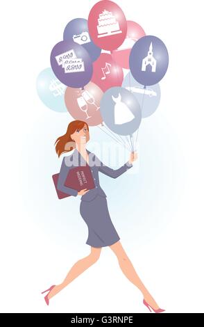 Femmina di wedding planner che trasportano palloncini con icone di nozze su di essi, vettore cartoon Illustrazione Vettoriale