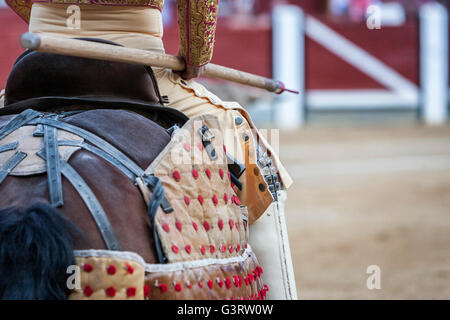 Picador torero, lancer il cui compito è quello di indebolire il bull di muscoli del collo, nell'arena per Jaen, Spagna Foto Stock
