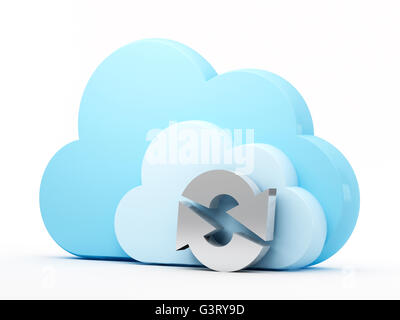 La tecnologia di cloud computing. Caricamento e scaricamento con le frecce blu sul cloud con cloud blu su sfondo bianco. Foto Stock