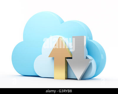 La condivisione dei dati con la tecnologia di cloud computing. Il caricamento e il download di frecce con blue cloud. Foto Stock