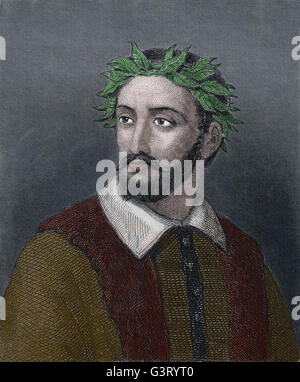 Torquato Tasso (1544-1595). Poeta italiano del XVI secolo. Ritratto. Incisione, XIX C. colore. Foto Stock