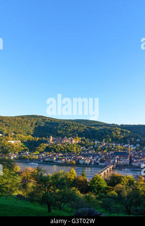 Vista da Schlangenweg la città vecchia con il castello, Heiliggeistkirche e il Vecchio Ponte sul fiume Neckar e Königstuhl mountain, Tedesco Foto Stock