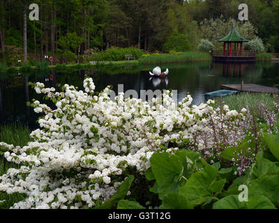 Scultura galleggiante e la pagoda sul lago presso l'Himalayan garden & Sculpture Park, North Yorkshire, Inghilterra, Regno Unito. Foto Stock