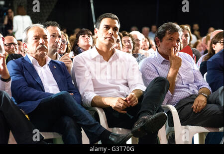 Oviedo, Spagna. 14 Giugno, 2016. Il leader del Partito Socialista Spagnolo (PSOE) e candidato in Spagna le elezioni generali, Pedro Sanchez, durante una riunione di partito di campagne in Spagna la seconda elezione generale in sei mesi a Corredoria Arena Center il 12 giugno 2016 a Oviedo, Spagna. La Spagna è in possesso la sua seconda elezioni in sei mesi, il 26 giugno, e i sondaggi mostrano la lunga tradizione di socialisti affrontare la minaccia senza precedenti di essere sostituito da estrema sinistra Podemos upstart come la principale forza di opposizione. Credito: David Gato/Alamy Live News Foto Stock