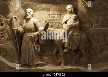 Saltmine Wieliczka, sale scultura della Santa Famiglia con donkey, Polonia Foto Stock