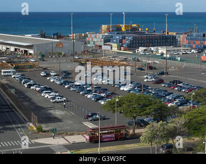 Vista di Kakaako Makai, Kewalo Basin, Marina, dock, Porto. Foto Stock