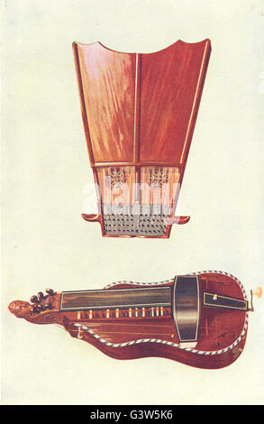 Strumenti musicali: Bell'arpa e Hurdy-Gurdy, vintage print 1945 Foto Stock