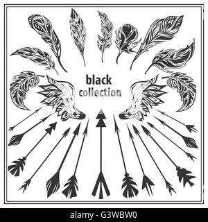 Set di nero piume ornamentali ali e frecce su sfondo bianco Illustrazione Vettoriale