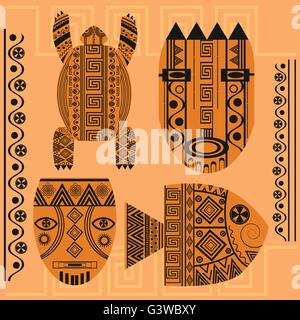 Impostare maschera decorativa, pesce, la tartaruga, ornamento africana Illustrazione Vettoriale