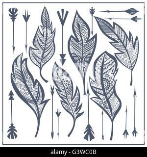 Impostare le piume tribali, freccia zentangle Illustrazione Vettoriale