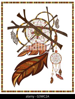 Elementi di stile etnico Dreamcatcher, ramoscelli, piume Illustrazione Vettoriale
