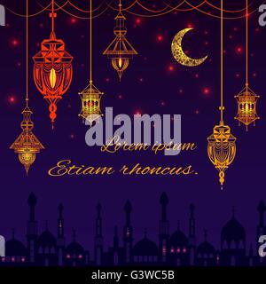 Biglietto di auguri con silhouette della moschea , il testo per le congratulazioni luci, stelle, lanterne Illustrazione Vettoriale