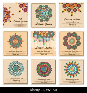 Set di fiori ornamentali mandala greeting cards Illustrazione Vettoriale