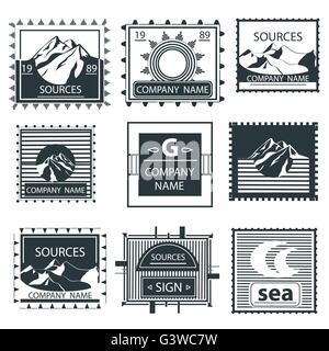 Impostare francobolli montagna emblema, etichette vintage Illustrazione Vettoriale