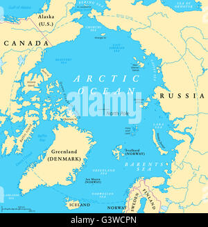 Oceano artico mappa con il polo nord e il Circolo Polare Artico. Regione artica mappa con i paesi i confini nazionali, fiumi e laghi. Foto Stock