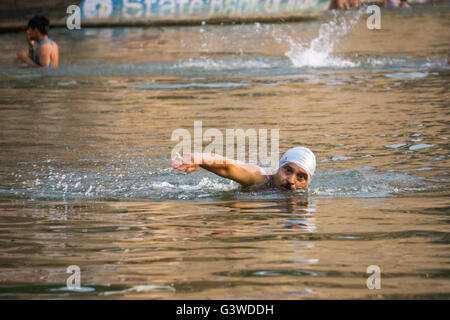 Nuoto uomo nel Gange Foto Stock