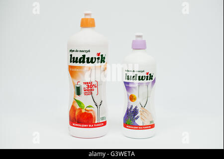 Berezovitsa, Ucraina - circa giugno, 2016: Set di detergenti per lavastoviglie e flacone di gel Ludwik Foto Stock