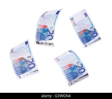 Battenti 20 banconote di euro isolato su bianco Foto Stock