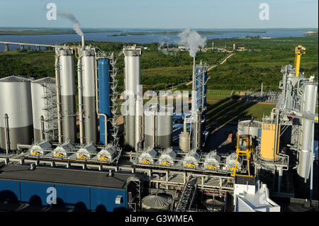 URUGUAY Fray Bentos , UPM mulino produrre ECF (senza cloro elementare) di pasta per carta a partire dal FSC legno di eucalipto, capacità di tonnellate annue 1.100.000 e il mulino produce energia elettrica e vapore per il proprio consumo e in aggiunta 20-30 MW di elettricità per la rete nazionale , ex fabbrica noto come BOTNIA, fiume Rio Uruguay e ponte in Argentina / URUGUAY Fray Bentos , Zellulosefabrik und der Biomassekraftwerk UPM ( vorher BOTNIA ) am Ufer des Fluss Uruguay , Herstellung von Zellulose aus FSC Eukalytus Holz fuer die Papierherstellung , ein eigenes Biomassekraftwerk produziert 40 MW Strom und Dampf Foto Stock