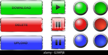 Vettore. Pulsanti isolati. I pulsanti di vetro. Pulsante Web icone per internet: pulsante di riproduzione, il pulsante di arresto, il pulsante pausa scarica bar, fino Illustrazione Vettoriale