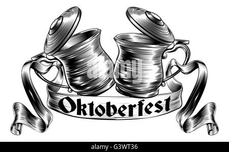 Oktoberfest illustrazione di una birra tradizionale stein o boccali chinking insieme in un prost toast con banner o scorrere in una w Foto Stock