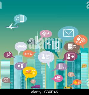 Città social network. Paesaggio urbano riempito con social network icone, illustrazione vettoriale Illustrazione Vettoriale