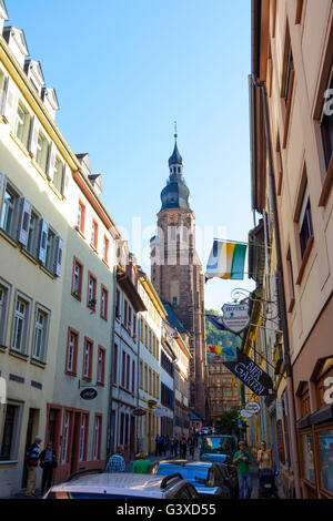 Centro Storico : Haspelgasse e chiesa Heiliggeistkirche, Germania, Baden-Württemberg, Kurpfalz, Heidelberg Foto Stock