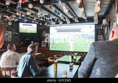 Llansaint, Carmarthenshire, Wales, Regno Unito. 16 Giugno, 2016. Il gallese e tifosi inglesi guardare la partita di calcio in Inghilterra e nel Galles a King Arms pub nel villaggio di Llansaint,Carmarthenshire,Wales.Inghilterra vincere 2-1. Credito: Paolo Quayle/Alamy Live News Foto Stock