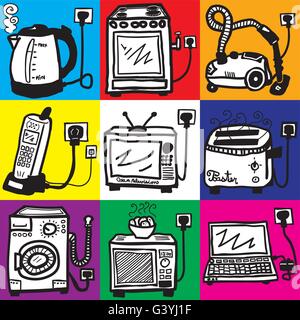 Disegnata a mano elettrodomestici in piastrelle colorate. È possibile vedere il bollitore, forno, aspirapolvere, cellphone,TV, tostapane, ecc Illustrazione Vettoriale