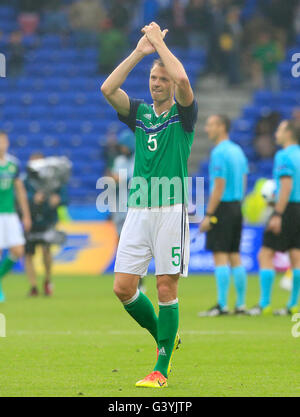 In Irlanda del Nord la Jonny Evans celebra dopo il fischio finale di UEFA Euro 2016, gruppo C corrispondono al Parc Olympique Lyonnais, Lione. Foto Stock