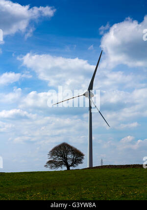 Turbina eolica e albero vicino a Brassington nel distretto di Peak Derbyshire Dales England Regno Unito Foto Stock