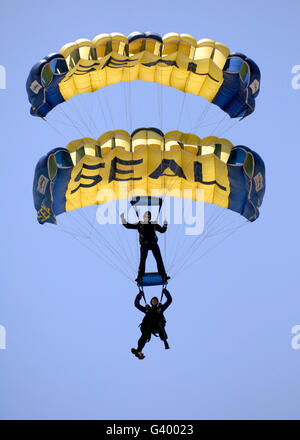 I membri dell'U.S. Navy Parachute Team, il salto delle rane, la svasatura i loro paracadute. Foto Stock