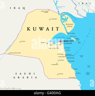 Kuwait mappa politico con capitale Kuwait City, confini nazionali importanti città e fiumi. Etichetta inglese e la scala. Foto Stock