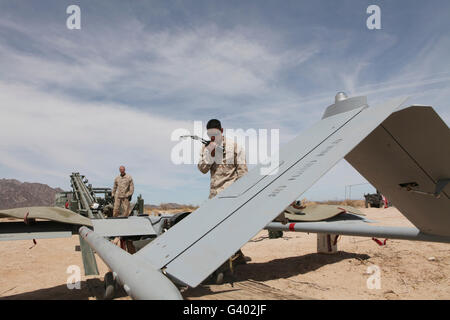 Stati Uniti Marine compie un ultimo controllo preflight su un RQ-7 ombra. Foto Stock