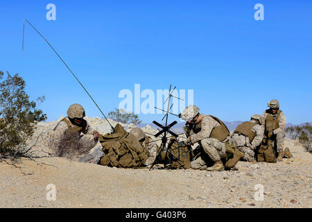 Stati Uniti Marines installazione di apparecchiature di comunicazione e condurre controlli radio. Foto Stock