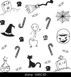 Elemento halloween candy, tomba, scopa in doodle Illustrazione Vettoriale
