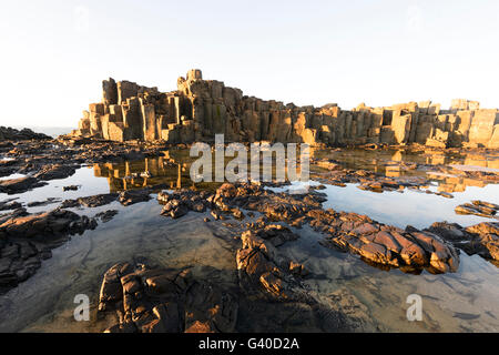 La mattina presto luce su colonne di basalto del Bombo in disuso di cava, operazioni automatiche di fine campo Kiama, Illawarra Costa, Nuovo Galles del Sud, NSW, Australia Foto Stock