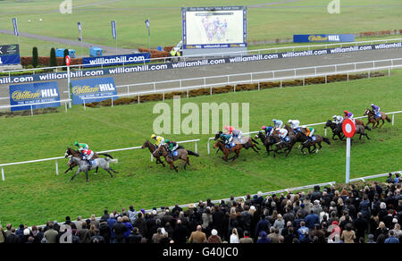 Runners e Riders nel William Hill Handicap hurdle fare Il loro senso in su oltre la tribuna verso il palo di rifinitura Foto Stock