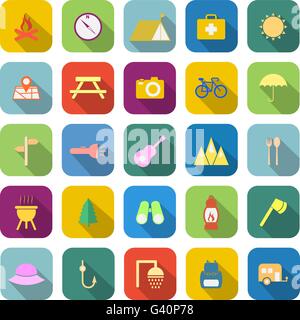 Camping le icone a colori con lunga ombra su sfondo bianco Illustrazione Vettoriale