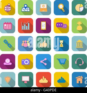 SEO le icone a colori con lunga ombra su sfondo bianco Illustrazione Vettoriale