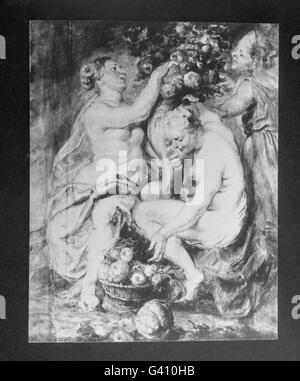"Tre donne con una Cornucopia", di Sir Peter Paul Rubens, uno degli otto dipinti rubati nel raid della Pinacoteca del Dulwich College. Foto Stock