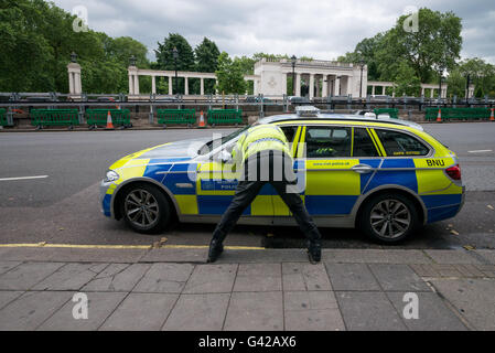 Londra, Regno Unito. Il 18 giugno, 2016. Funzionario di polizia a parlare con il suo collega in auto durante la protesta a Londra © Velar concedere/ZUMA filo/Alamy Live News Foto Stock